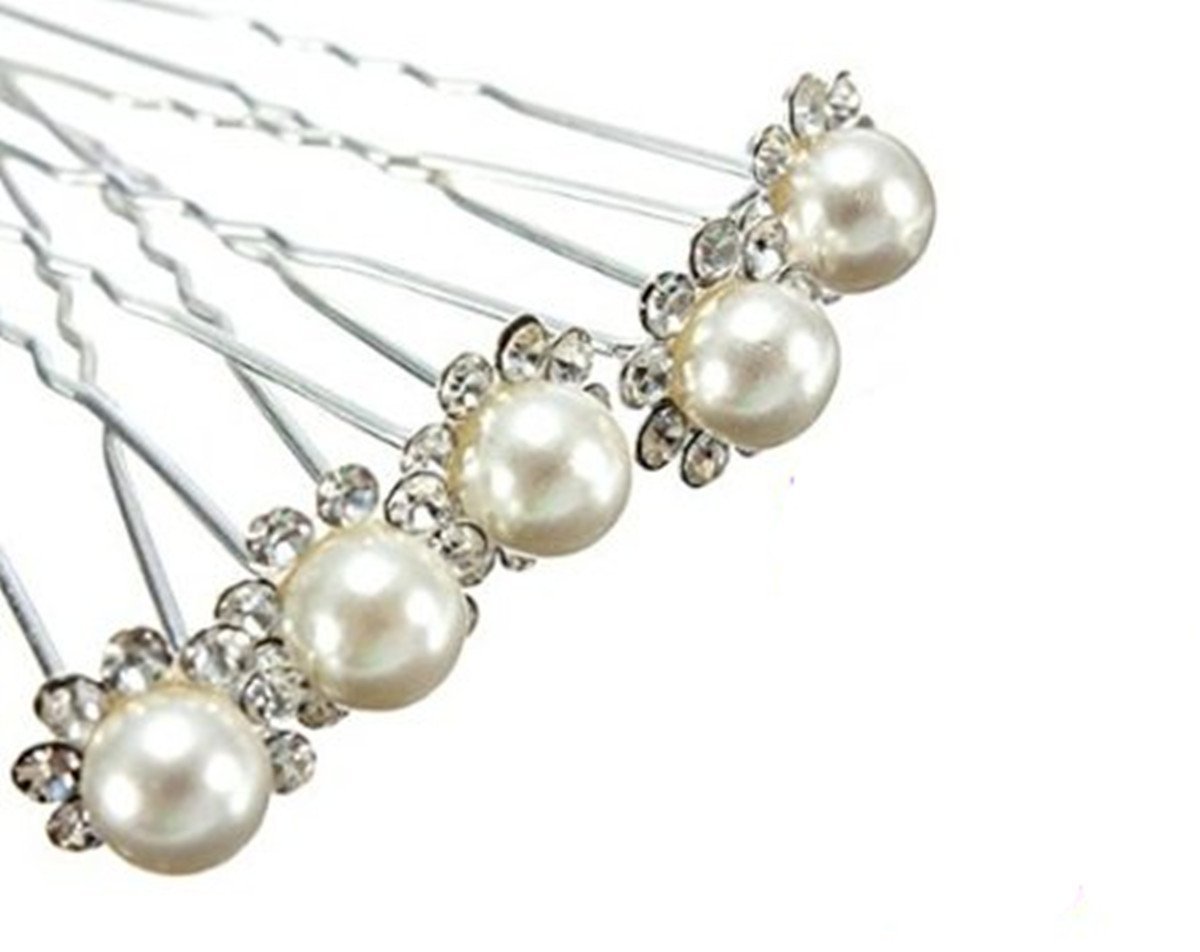 6 x Wedding Bridal Prom Diamante and White Faux Pearl Flower Hair Pins