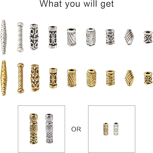 Miniatura 7 de Magibeads 200 cuentas espaciadoras tibetanas de aleación, 20 estilos surtidos de tubos de columna, cuentas de barril retro occidentales, cuentas