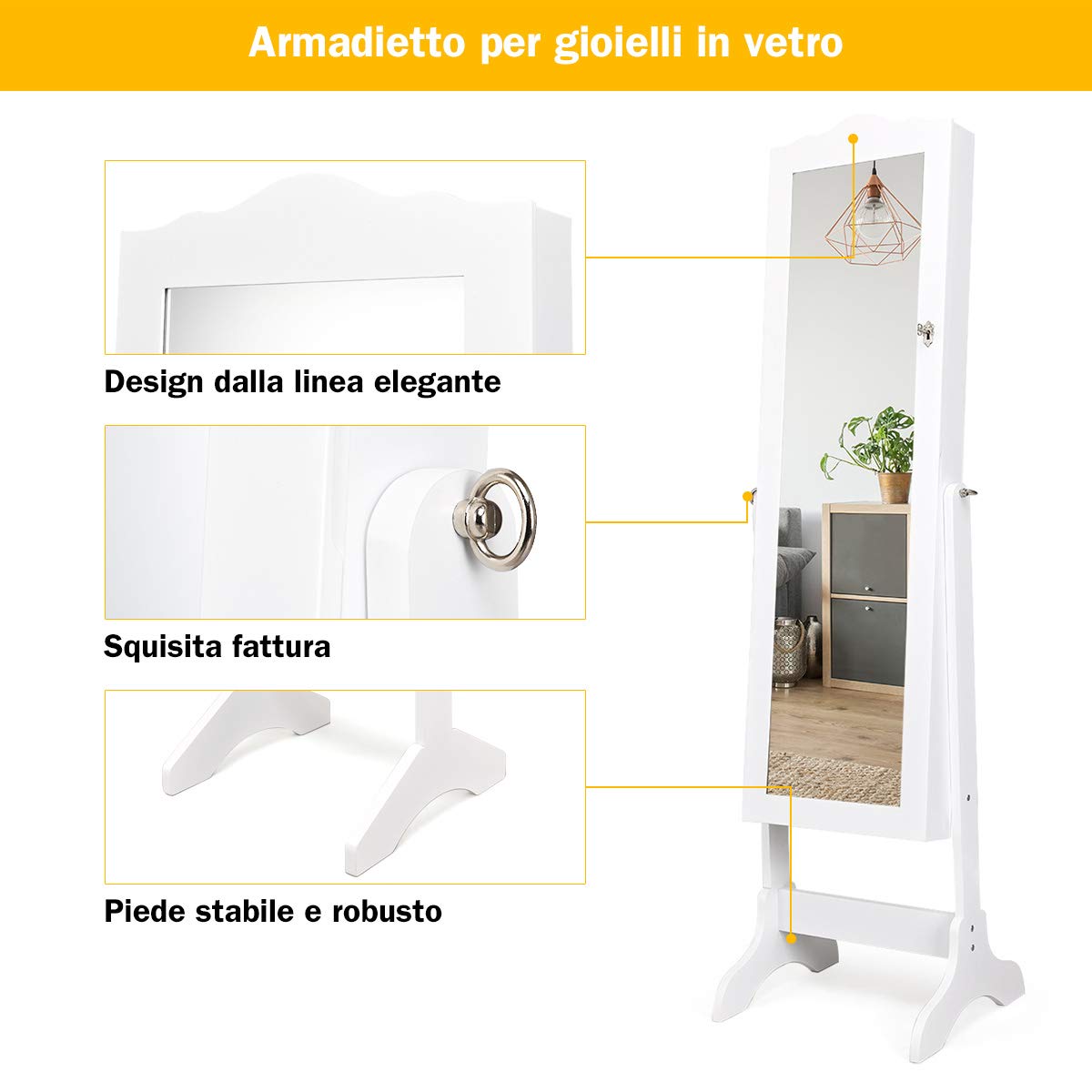 RELAX4LIFE Armadietto Portagioie da Terra con Specchio a Figura Intera, 4 Angolo di Inclinazione Regolabile, Specchio da Terra per Gioielli e Accessori (Bianco)