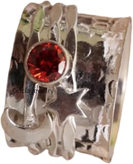 Natural Garnet Gemstone Star And Moon Silver Spinner Unique Handmade Ring For Women Men, Beautiful January Birthstone Gifts, Meditation Ring, Hammered Spinning Ring
