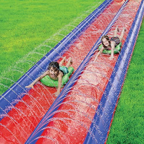 Double Slip and Slide Backyard Water Fun - 25 x 6 Feet Waterslide with Sprinkler and Inflatable Body Boards for Kids - Outdoor Summer Toy