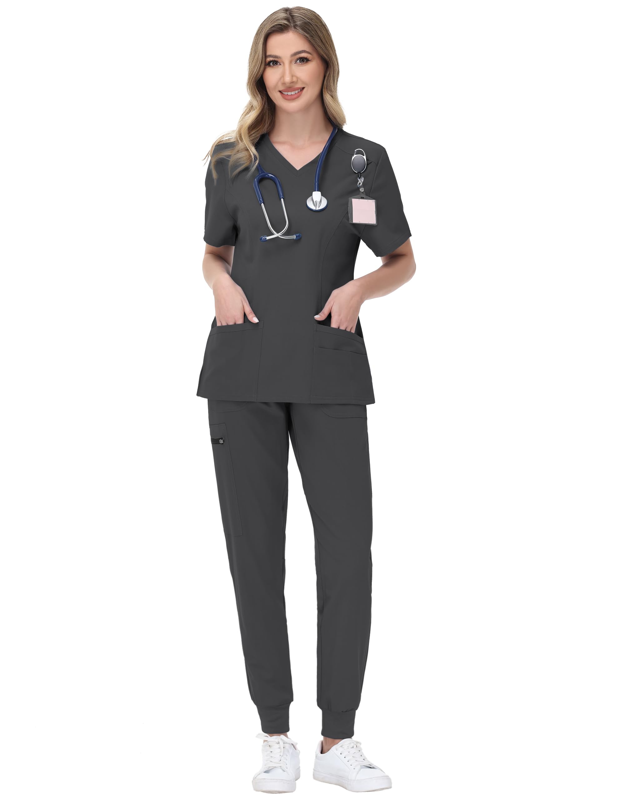 MIVEI Scrubs for Women Set Medical Uniform - Stretch V-Neck Top & 28" 30" Jogger Pant with 9 Pockets, Unisex Nurse Workwear