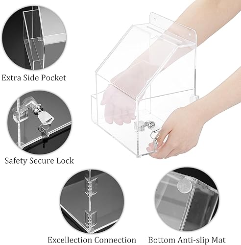 Vista 5 de BTSKY Caja de sugerencias de acrílico con candado, caja de donación acrílica montada en la pared con ranura para letrero de 5 x 7 pulgadas, urnas