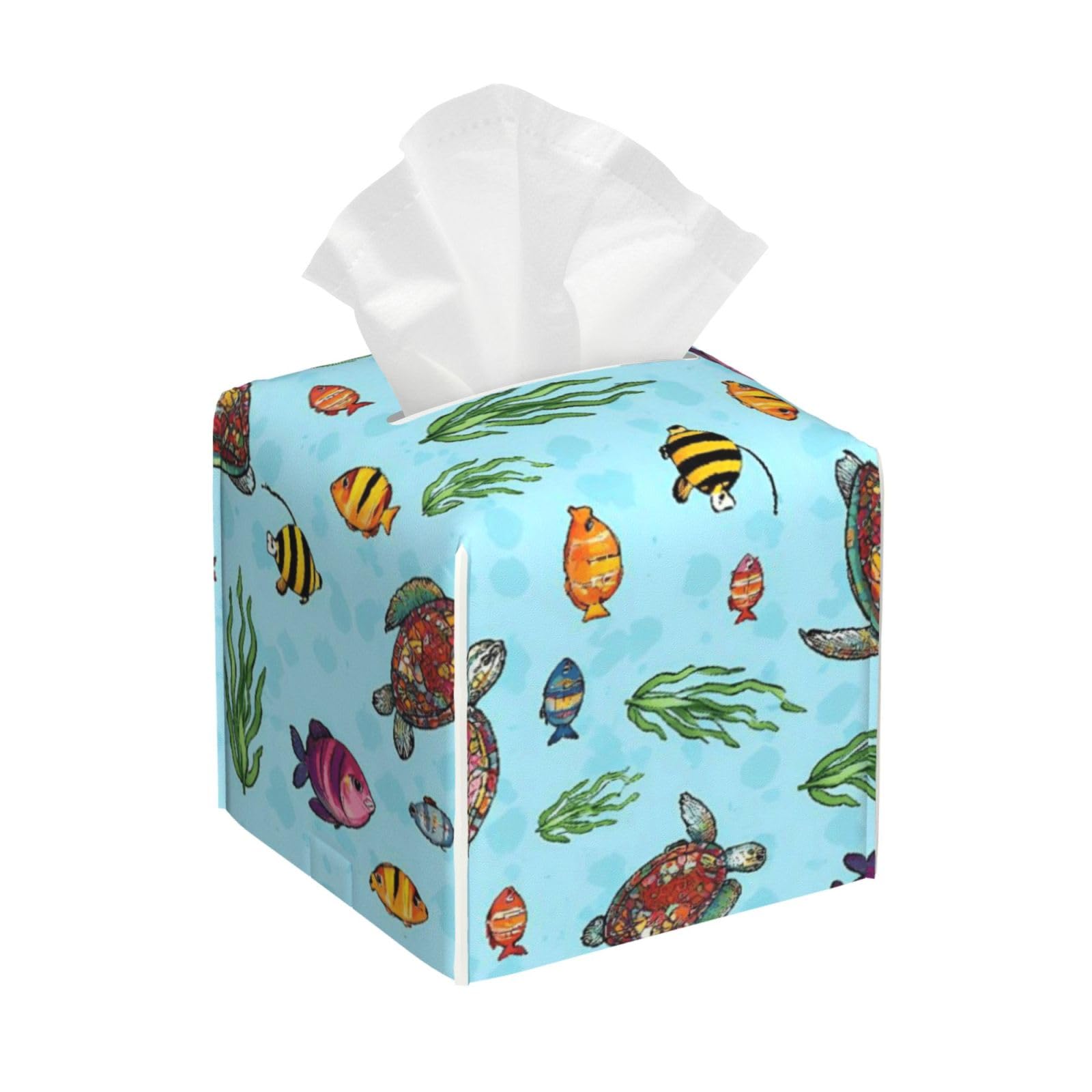 Mint Grenn Turquoise Sea Turtles Leather Tissue Box Cover Holder Square Facial Paper Organizer 5.2" X 5.2" X 5.2"