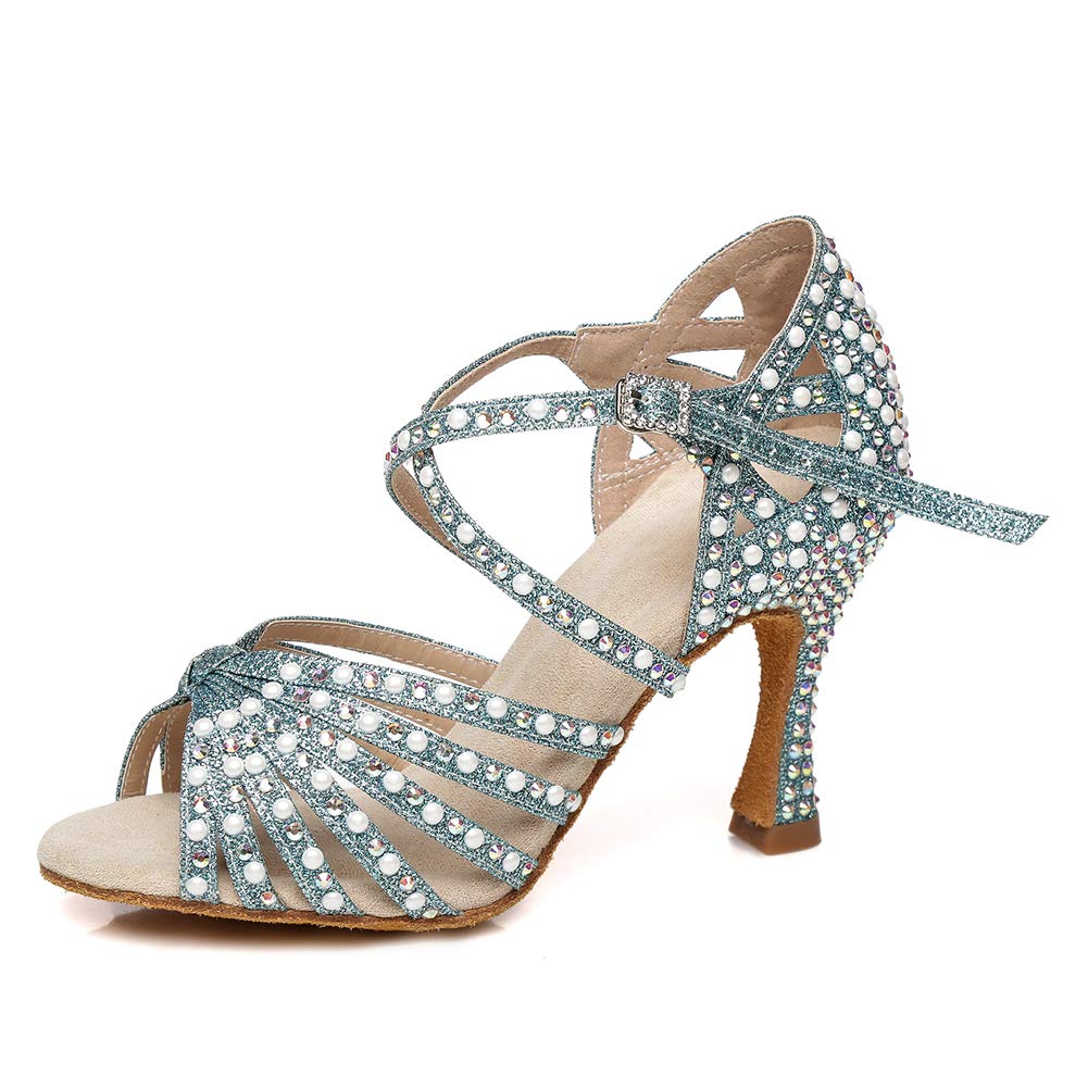 HIPPOSEUS Women's Classic Shiny Rhinestones Latin Dance Shoes - Cross-Strap Ballroom Wedding Party Dance Performance Sandals, Turquoise, 6.5 B(M) US
