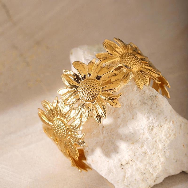 Chunky Flower Bracelet Dainty Gold Sunflower Cuff Bracelet Golden Open Bangle Silver Flower Cuffs Wide Floral Accessories Gift for Women Simple Minimalis Fashion Vintage Jewelry - Image 5