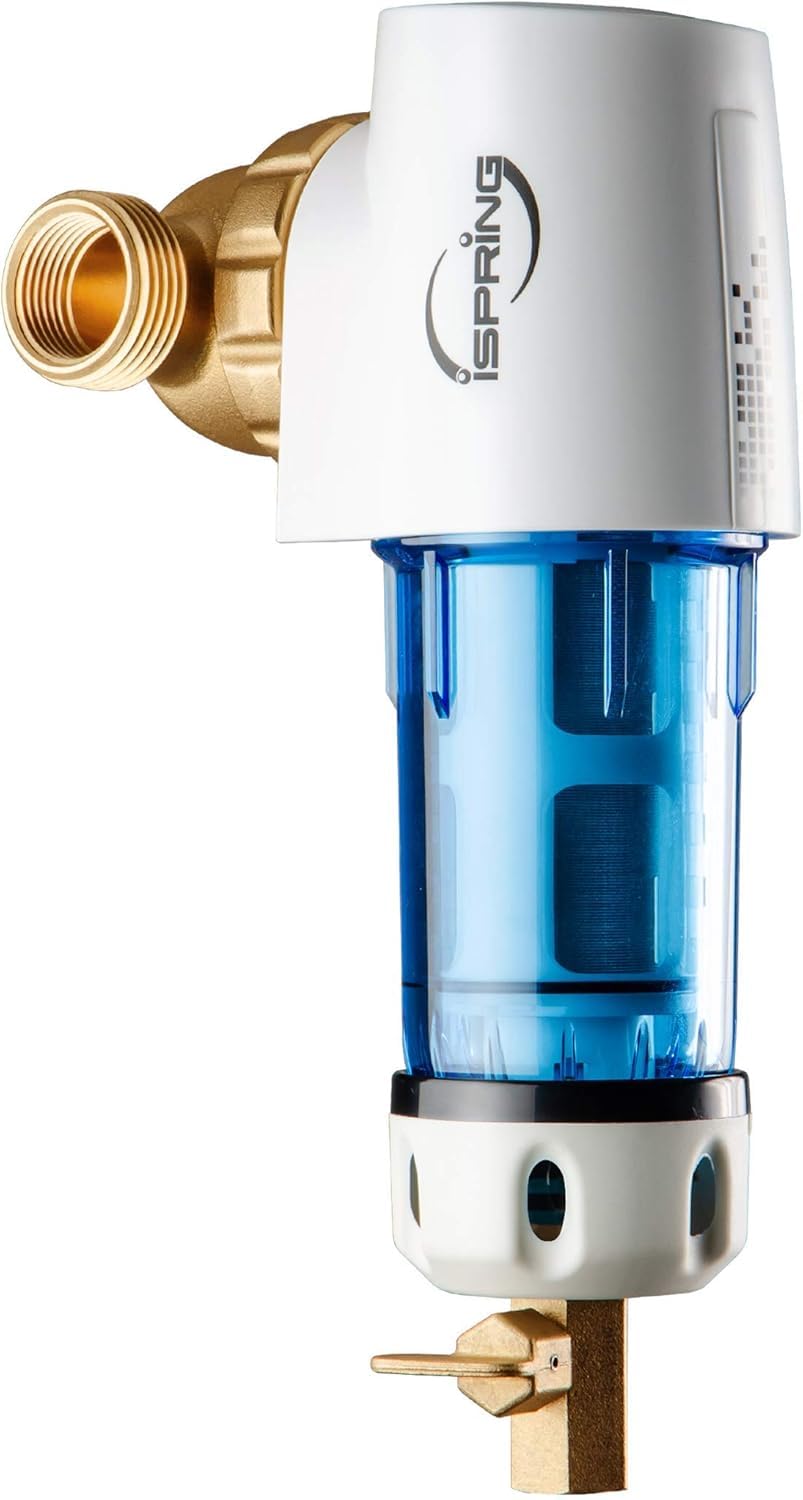 iSpring WSP50GR-E Filtro per l'acqua a Sedimenti Spin-on Riutilizzabile, 50 Micron con Raschietto Incorporato, Testa Girevole a 360°, Manometro, Blu