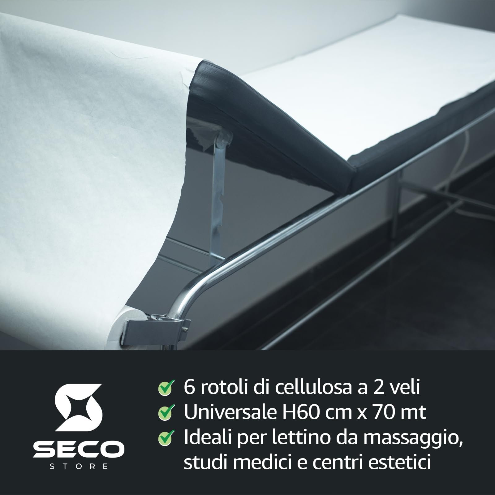 SECOSTORE Lenzuolino Medico per Lettino, 6 Rotoli in Pura Cellulosa 2 Veli Monouso, Estetista, Medicale, Fisioterapia, SPA | H60 70 mt