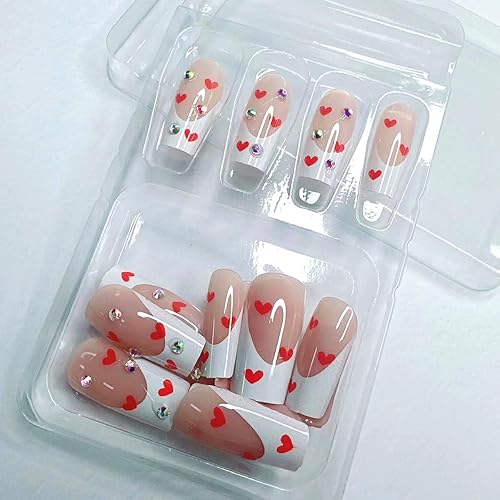 Miniatura 6 de Uñas postizas a presión para el día de San Valentín, uñas postizas largas con diseño de corazón y diamantes de imitación, punta francesa, uñas a