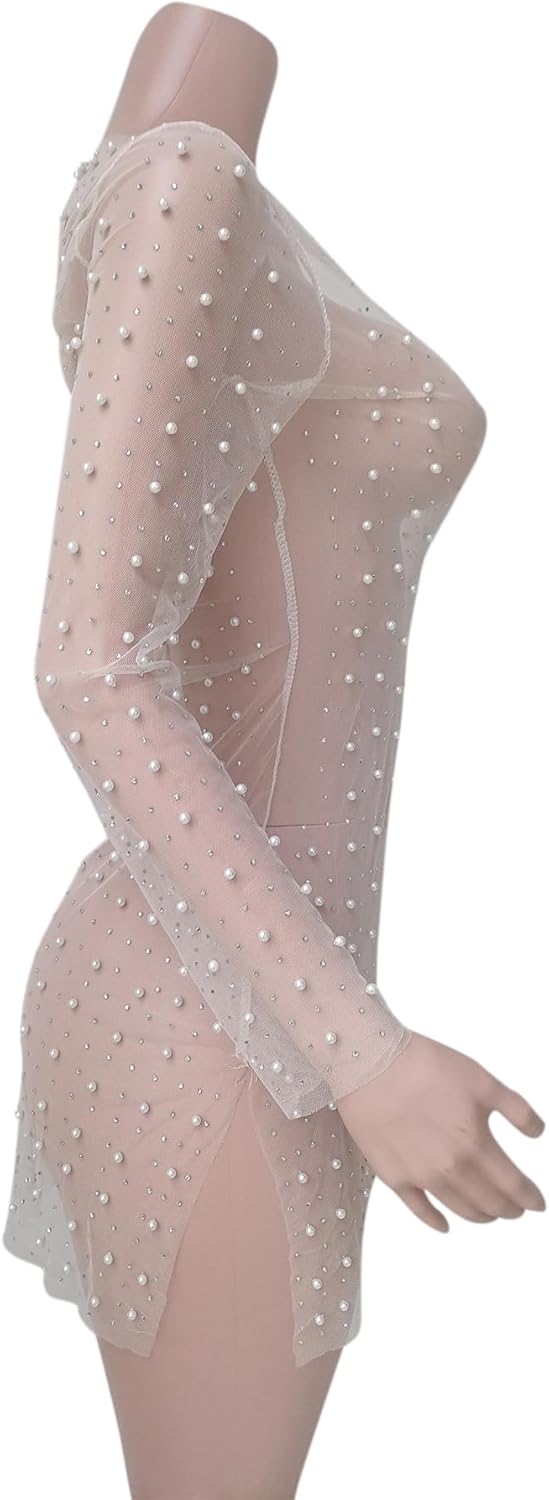 Women's Pearl Rhinestone Bikini Cover Up See-Though Long Sleeves Dress Swimsuit Cover-ups Fishnet Bodycon - Image 4