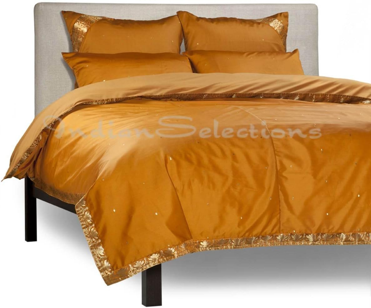 Indian Selections Blue - 5 Piece Handmade Sari Duvet Cover Set with Pillow Covers/Euro Sham - Full