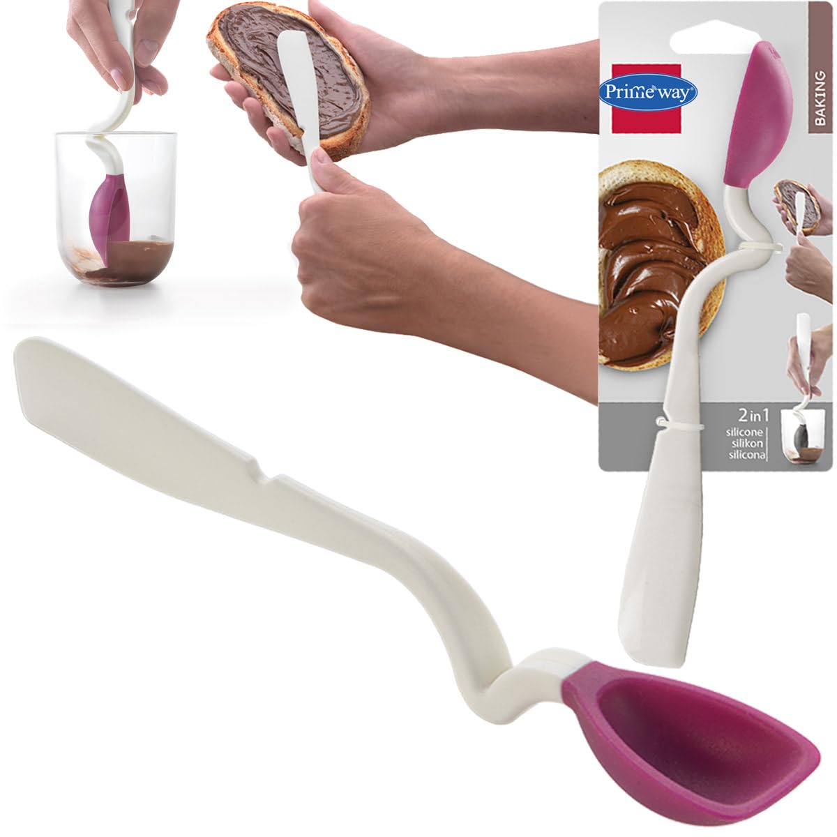 Primeway® Plastic Silicone | Pack of 2 | Scooping Spatula 2-in-1 Spoon | Non-Stick | Sit Up Scraping | Cooking Spoon | Stir, Scrape, & Serve | 23cm Length | 5ml