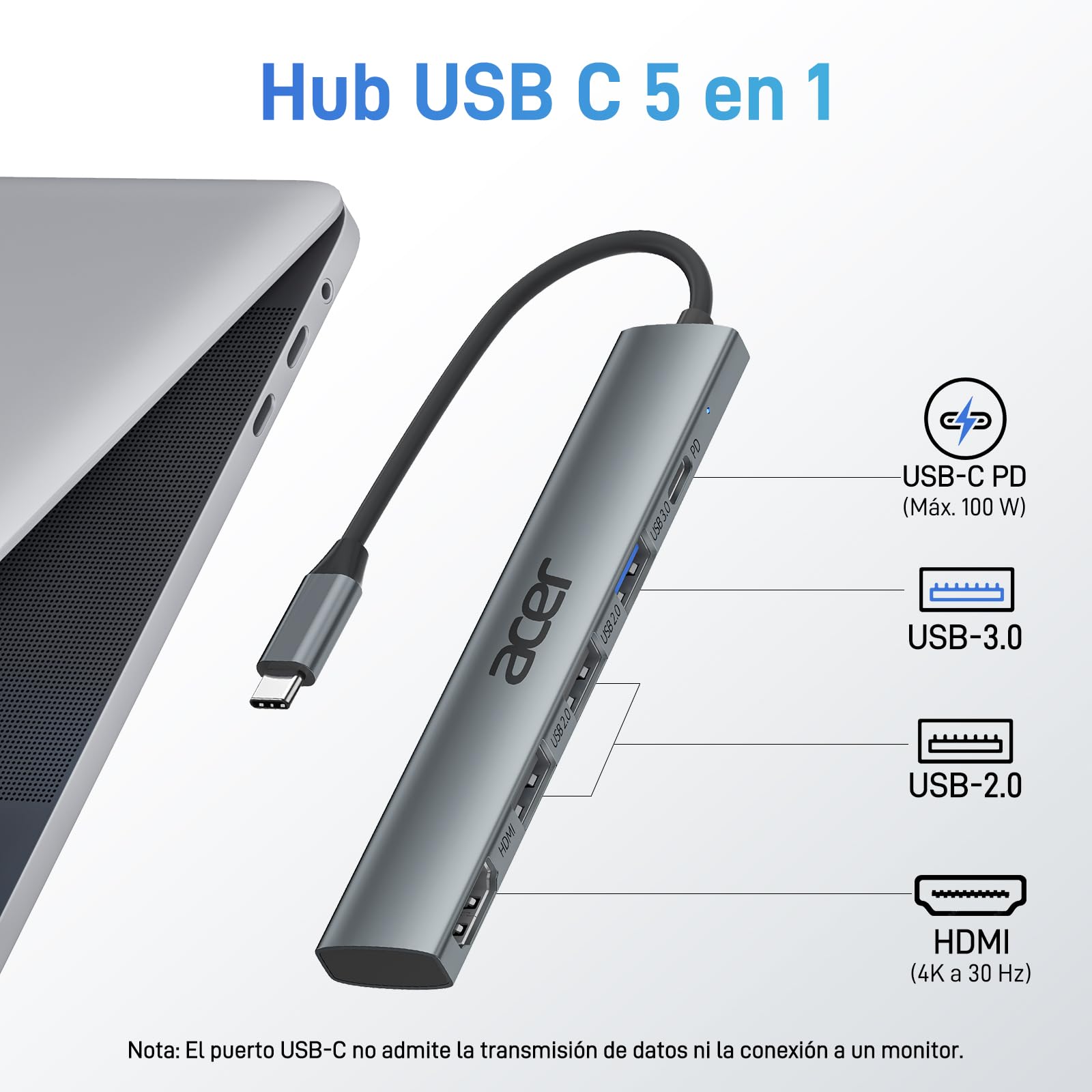 acer Hub USB C 5 en 1, Ataptador USB C a HDMI 4K, Carga PD 100W, 3X Puertos USB A, USB C Hub Multipuerto para Portátiles, PC, Tableta, MacBook Air/Pro, iPad Pro, iPhone 16 Serie