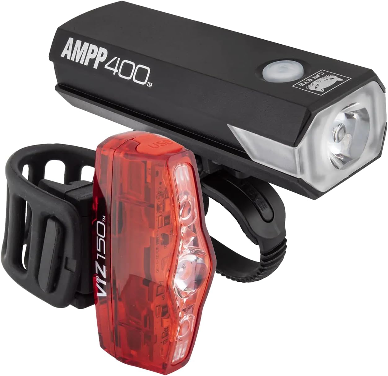 CATEYE AMPP & ViZ USB Rechargeable Bike Light Combo Kit – IPX4 Waterproof High Lumen AMPP Opticube™ LED Headlight & ViZ USB Daytime Safety Light, Visible up to 1 Mile, Fits Road, MTB, Gravel Bikes