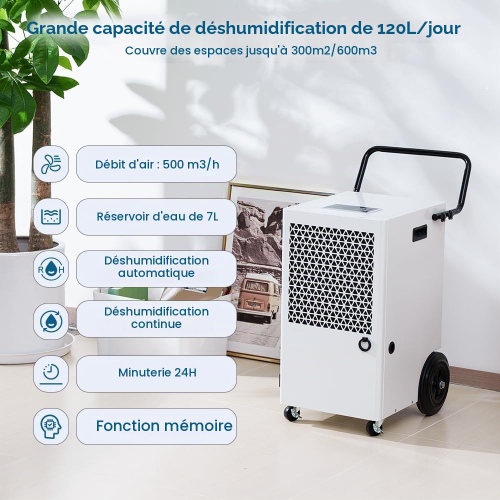 120L/Jour Déshumidificateur Professionnel : Surface 300 m2/600 m3 Desumificateur Electrique, Minuterie 24 Heures Déshumidificateurs, Contrôle de l'humidité, Avec Réservoir d'eau de 7 L