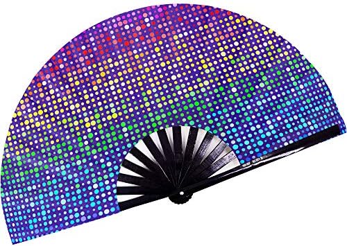 SoJourner Bags Rave Fan - Festival Fan - Large Folding Fan for Raves, Halloween, Burlesque, Drag Queen, Rainbow Outfits for Women & Festival Accessories - Clack Fan Hand Fan (Rainbow Lights)
