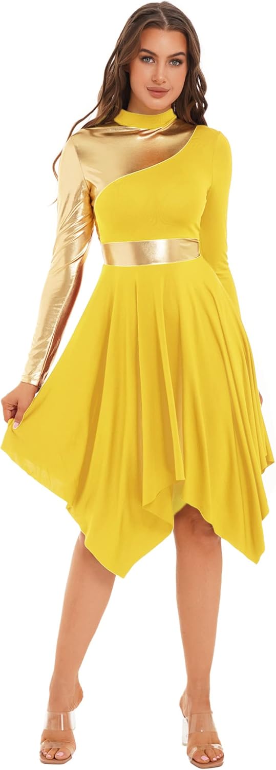 Hularka Women's Metallic Worship Praise Dance Dress Color Block Liturgical Dancewear Performance Costume