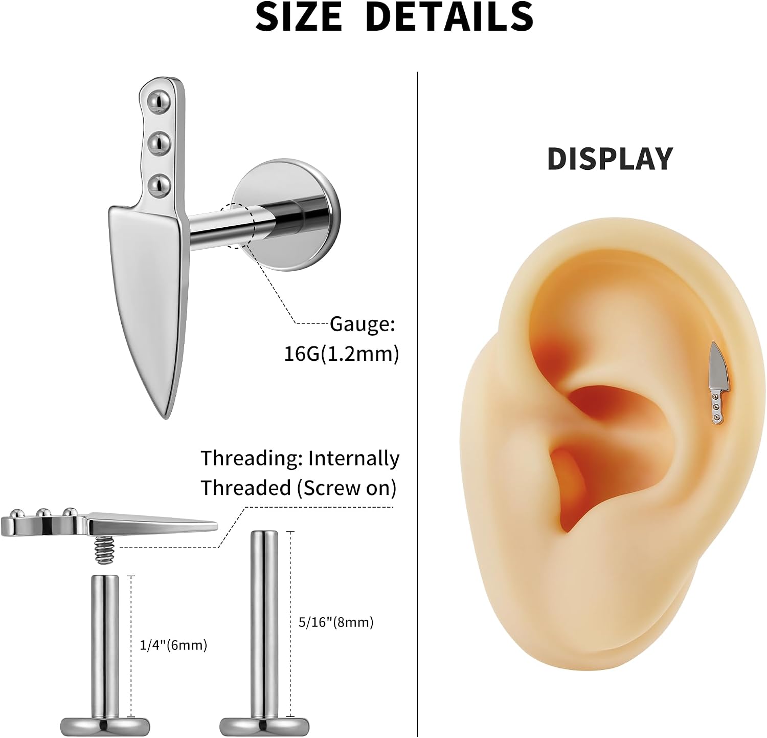 FINE4U 1PC ASTM F136 Titanium Internally Threaded Piercing Jewelry Stud 16G 6mm 8mm for Helix, Tragus, Conch, Flat
