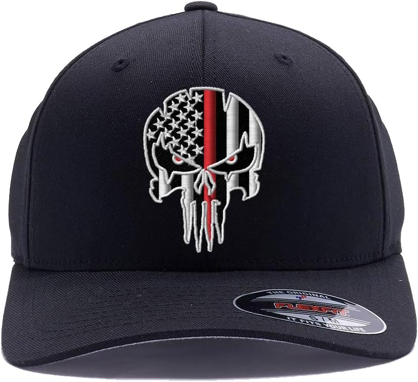 Thin Red/Blue line Distressed Skull American Flag Flex Fitted hat, Custom Embroidered, Flex Fitted Baseball Cap - Image 3
