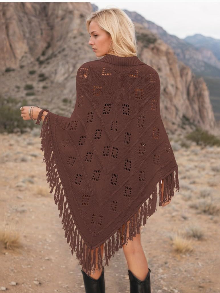 Women Fringe Poncho Cape Knit Hollow Out Shawl Wrap Soft Oversized Sweater Top Fashion Boho Western Country Outfits - Image 4