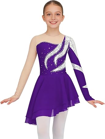 Loyan Kids Girls Sequin Long Sleeve Figure Ice Roller Skating Dress Rhinestone Dance Competition Costume