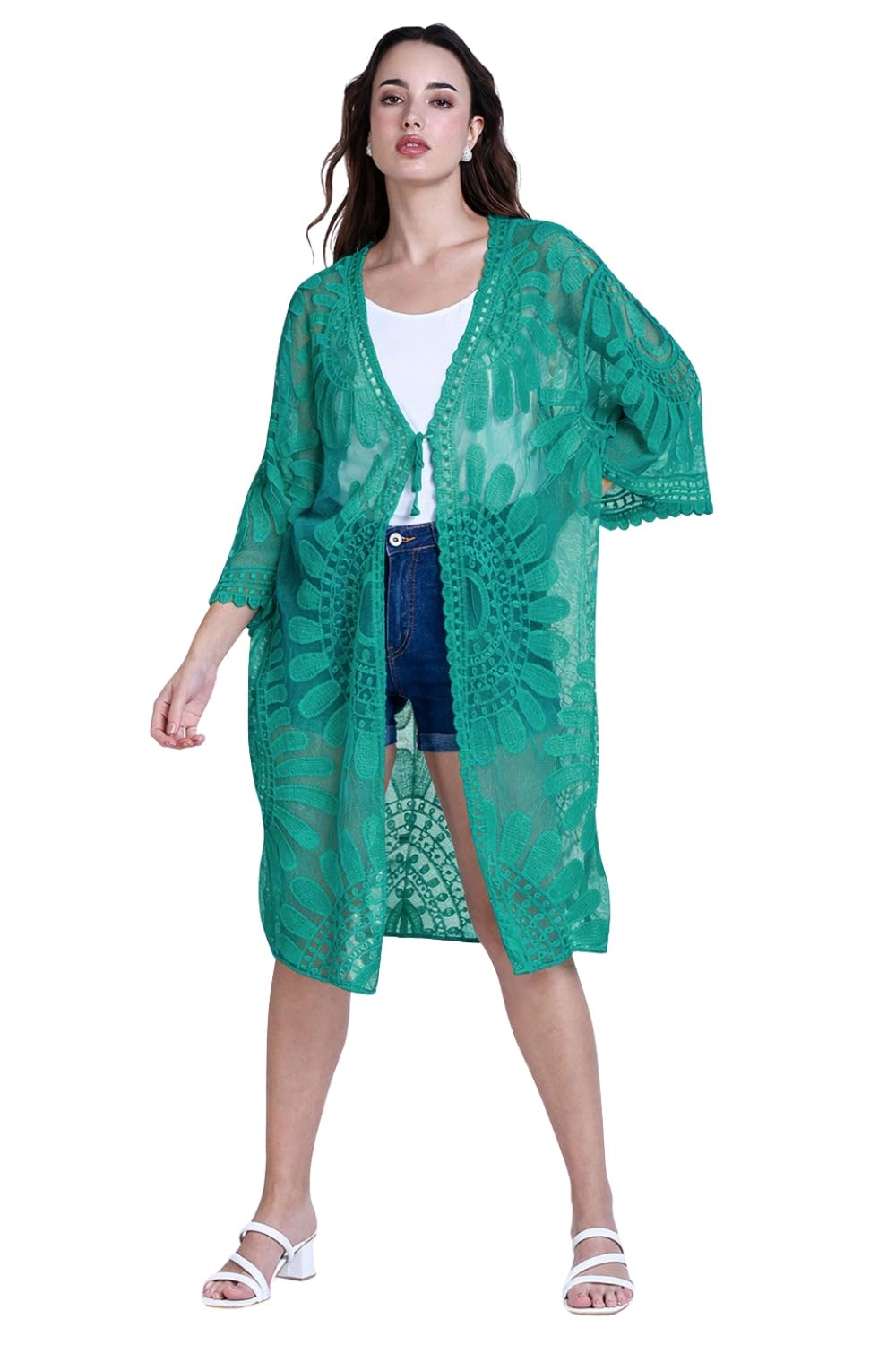 showoffff Women's Floral Embroidered Sheer Green Longline Shrug-CHN-9331_Green-P-picture-10
