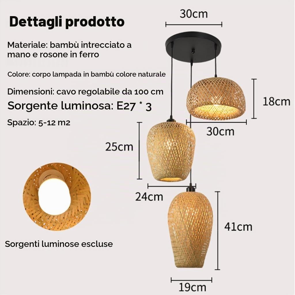 Lampada A Sospensione 3-Fiamma E27 Vintage Natural Bamboo Lantern, Retro Lampada In Rattan DIY Altezza Regolabile Lampadario Hanging Soffitto Per Sala Pranzo Camera Da Letto Bar Illuminazione Soffitto