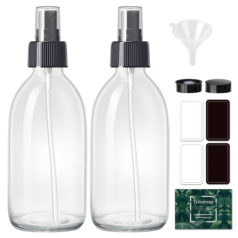 Tecohouse Frascos de spray de vidro com bico preto, 250 mL, pacote com 2