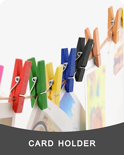 Vista 7 de Mini prendedores para fotos, pinzas pequeñas de color negro, paquete de 100 clips de madera arcoíris coloridos con cuerda de 32 pies