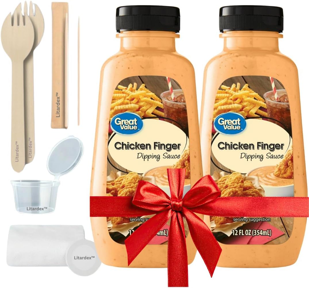 Great Value Chicken Finger Dipping Sauce, 2 Pack 12 fl oz each Bundle with Litardex Wooden Spork, Clear Dipping Cup, Compressed Towel, and Toothpicks