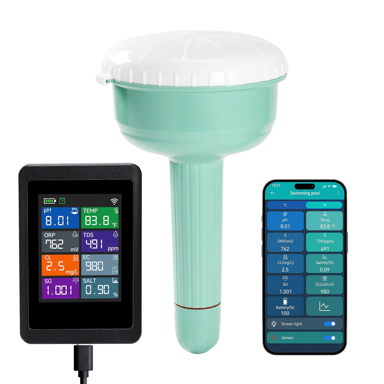 Intelligenter 8-in-1 Wasserqualitätstester mit WLAN, überwacht pH, ORP, Chlor, Salzgehalt, TDS, EC, spezifisches Gewicht und Temperatur per Tuya-App für Pools, Spas, Whirlpools und Aquarien.