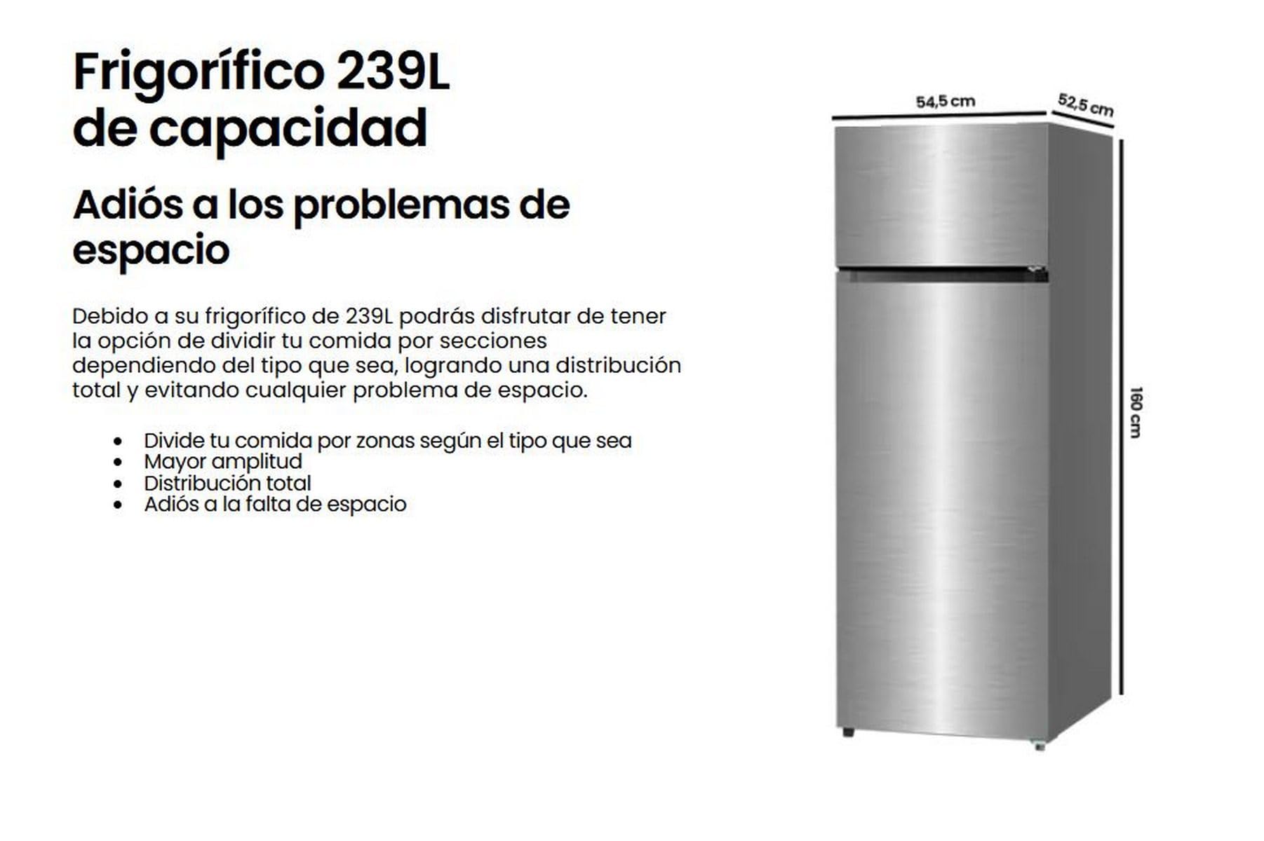 INFINTION Frigorifico Dos Puertas FG-A162I, 239 Litros, 160 cm de Altura, E, Ciclico, Puerta Reversible, Patas regulables en altura, Inox