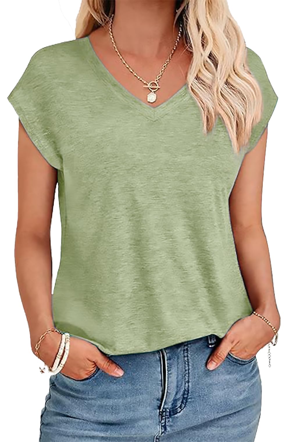 YUTILA Tshirt Damen Sommer Casual Basic Shirt Einfarbig Kurzarm Tee Tops Oberteile V Ausschnitt Locker Lässig T Shirt