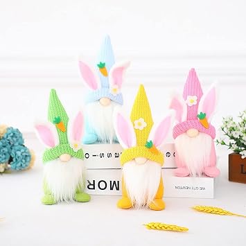 4Pcs Easter Bunny Gnomes Ornaments, Carrot Lily Rabbit Hat Elf Swedish Tomte Hangging Decorations, Pink Green Blue Yellow Indoor Tree Decor Gifts Spring Handmade Nisse Figurine for Holiday, Party Home