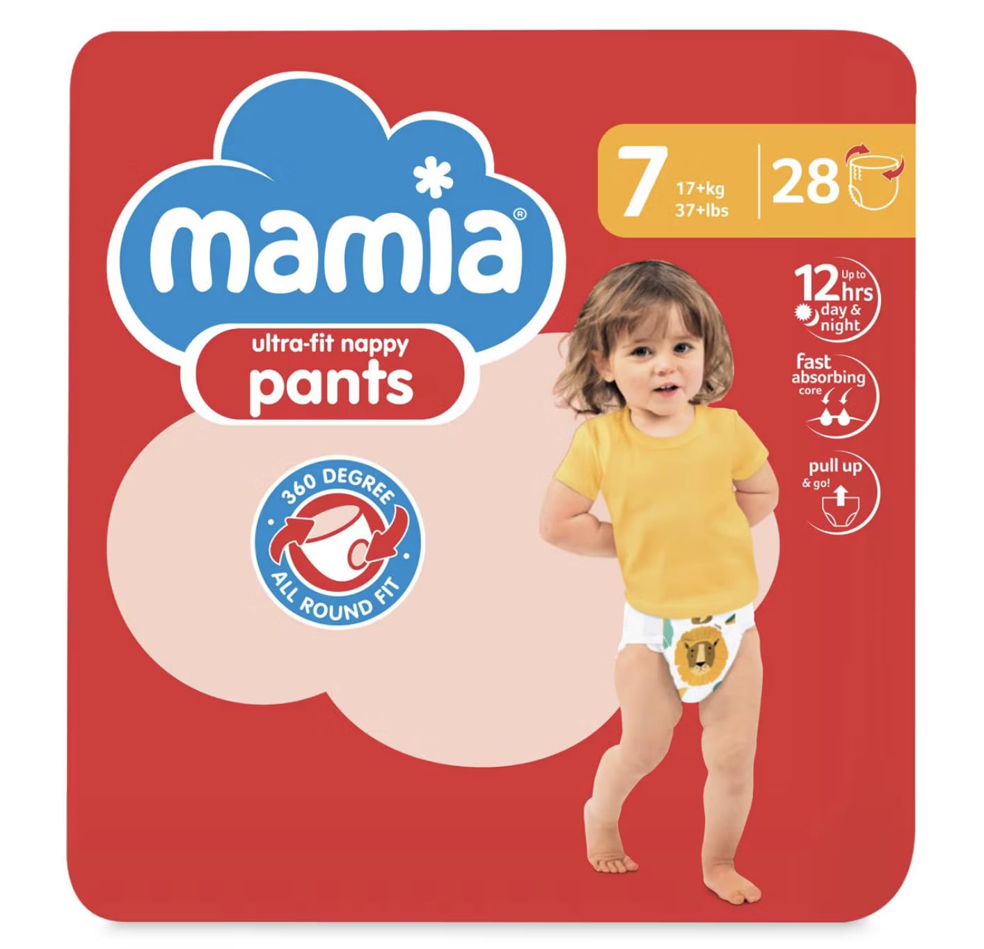 Mamia Ultra-Fit Nappy Pants, Size 7 (17+ kg), Pack of 28, up to 12 Hours Protection, DryFast Technology™, Jungle Lion Print