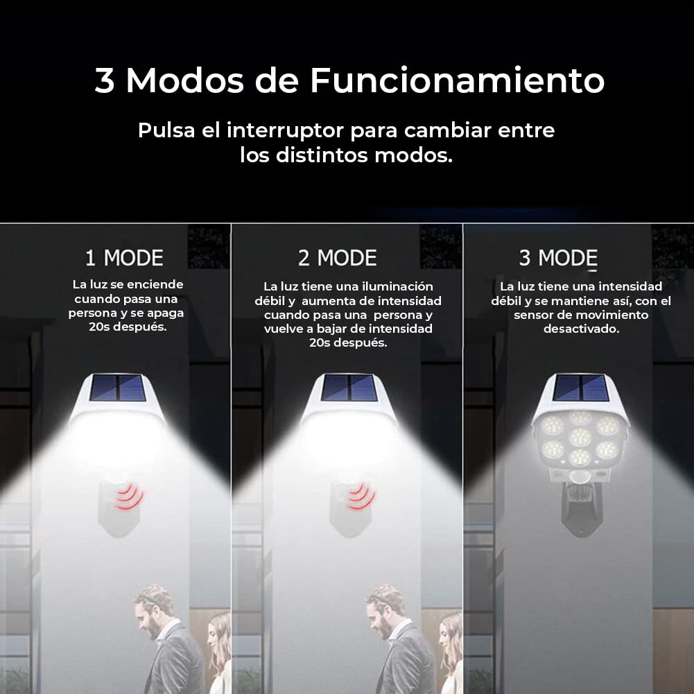 Cámara vigilancia falsa exterior - 80 luces LED - Sensor de Movimiento - Resistente al agua y polvo - Auto Recarga Solar