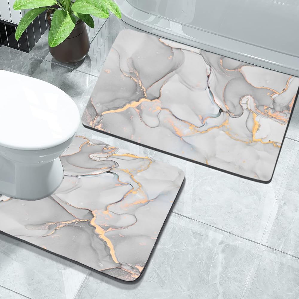 Gray white stone Bath Mat 2 Piece Sets Non-slip bath mats