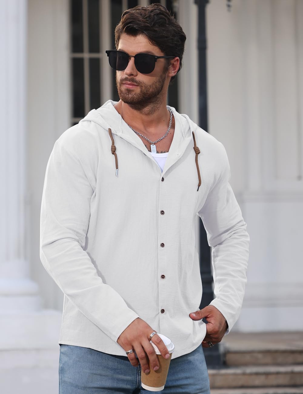 Mens Cotton Linen Button Down Hoodies Long Sleeve Casual Hoodies Hawaiian Beach Top Lightweight Fashion Shirts - Image 4