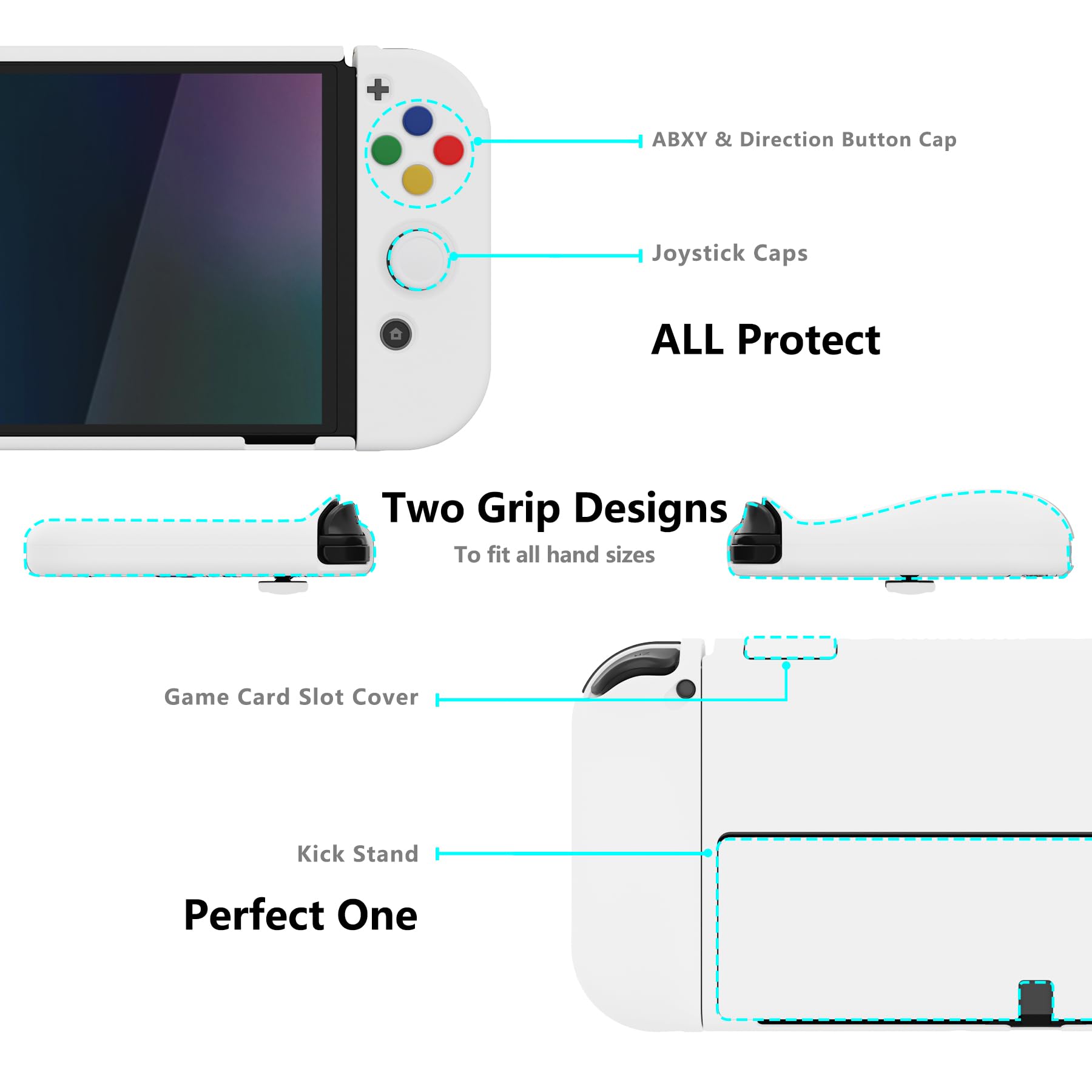 PlayVital Cover Custodia per Nintendo Switch OLED, Grip Ergonomico Intercambiabile per Joycon, Copertura Protettiva Rigida Accessori per Switch OLED&Copri Analogici/Tasti-Bianco