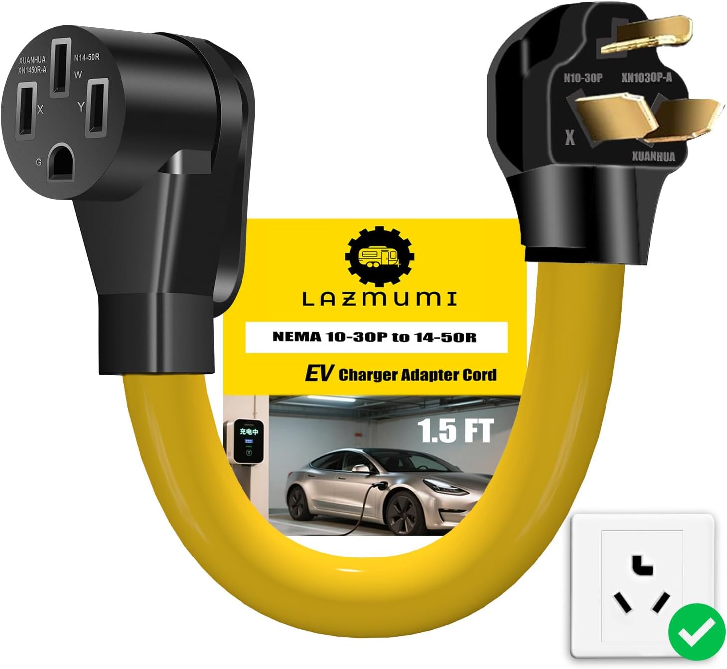 NEMA 10-30P to 14-50R EV Charger Adapter Extension Cord, 125V/250V 3 Prong 30 Amp Older Dryer Outlet (Pre-1996) to 4 Prong 50 Amp Tesla Level 2 and Other EVs Charger, ETL Listed (10FT)