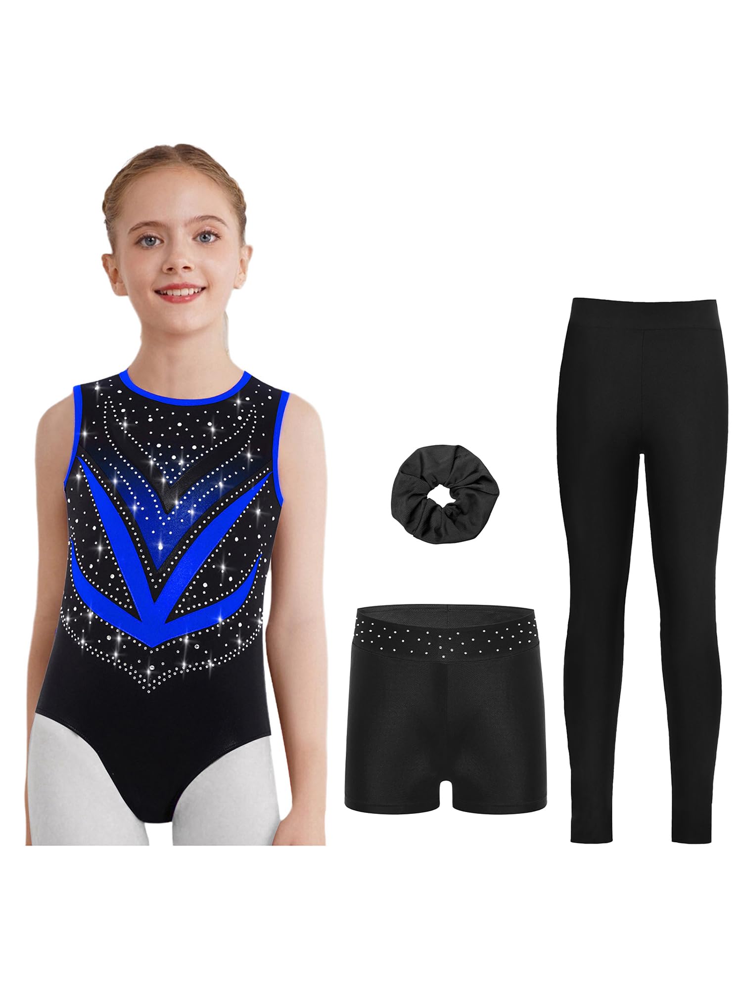 Pezzi Tutu Da Ginnastica Per Bambina Scintillante Tutu Da Ginnastica Con Pantaloncini Shorts Fazzoletto Per Capelli Leotard Da Da Maglia Da Per Competizioni Blu 5-6 anni