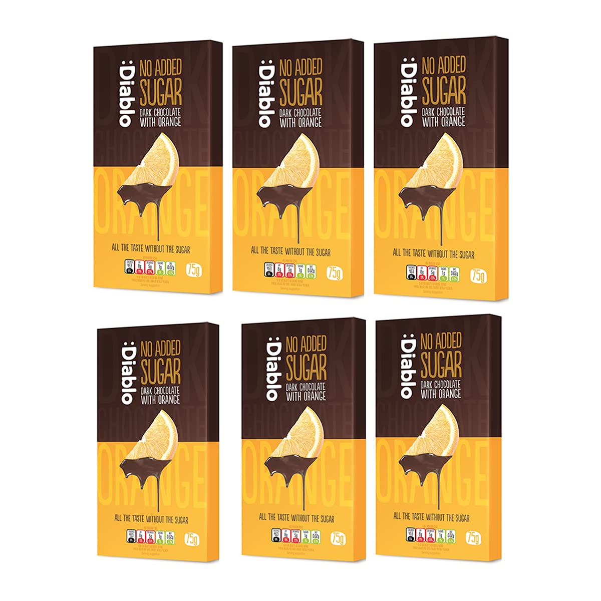 Diablo No Added Sugar Dark Chocolate with Orange – No Added Sugar Chocolate Bar, Sweetened with Stevia, Gluten Free, Ideal for Any Occasion, Birthdays, Valentines, or Gift Hampers, 75g (Pack of 6)