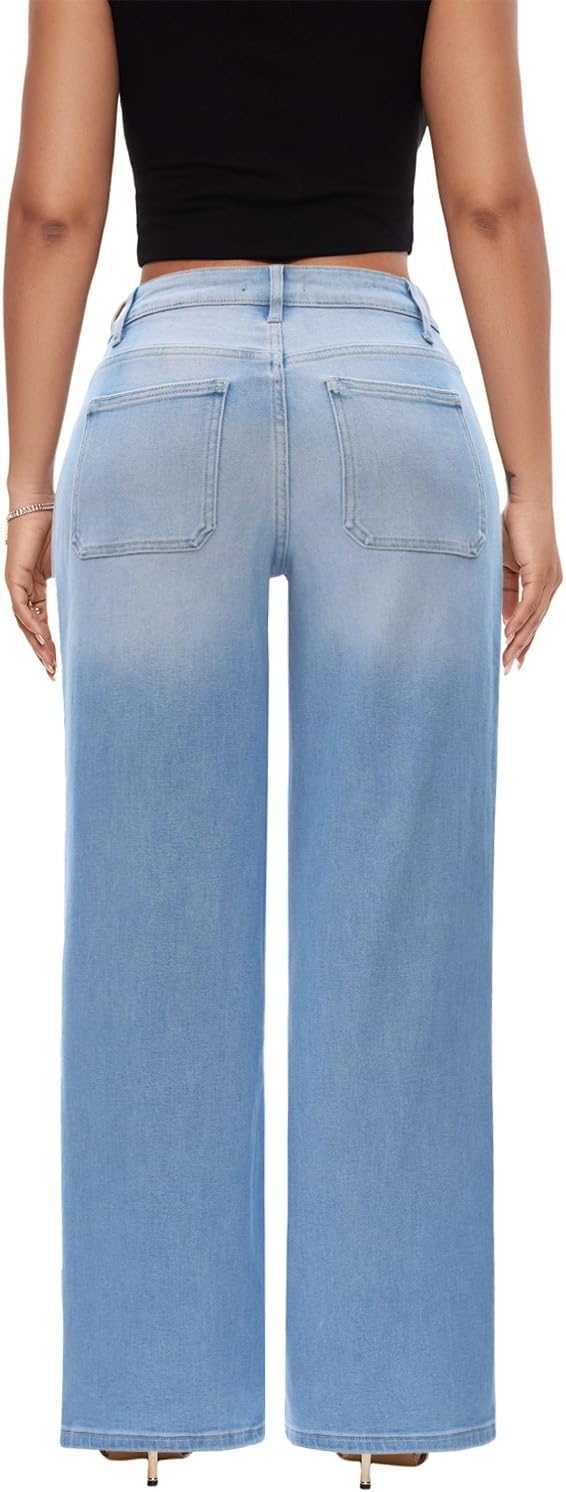 ONESO Mid-Low Rise Baggy Jeans Wide Leg for Women Distressed Pants Stretchy Bottom Lady Basic Comfortable Denim