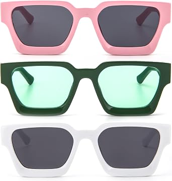 REAVEE 3 Pairs Oversized Square Stylish Sunglasses for Women UV400 Protection Men T2313 Pink Green and White