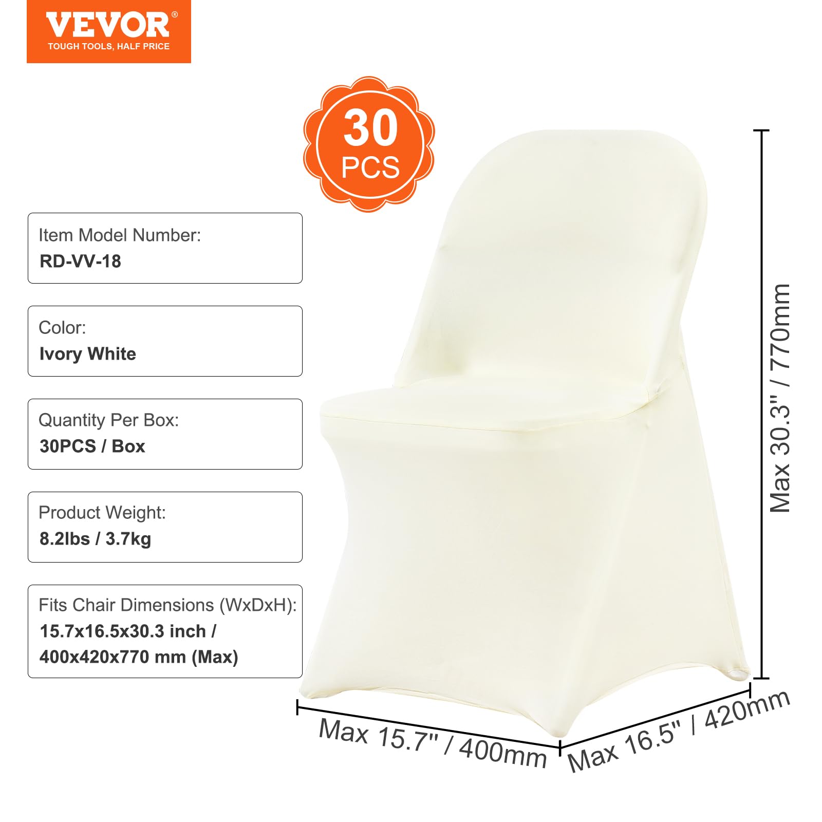 VEVOR Coprisedie Pieghevoli in Spandex Elasticizzato, Coprisedie Universali, Fodere Protettive Lavabili Rimovibili, Matrimoni, Banchetti, Feste, Celebrazioni, Sala Pranzo (30 Pezzi Bianco Avorio)