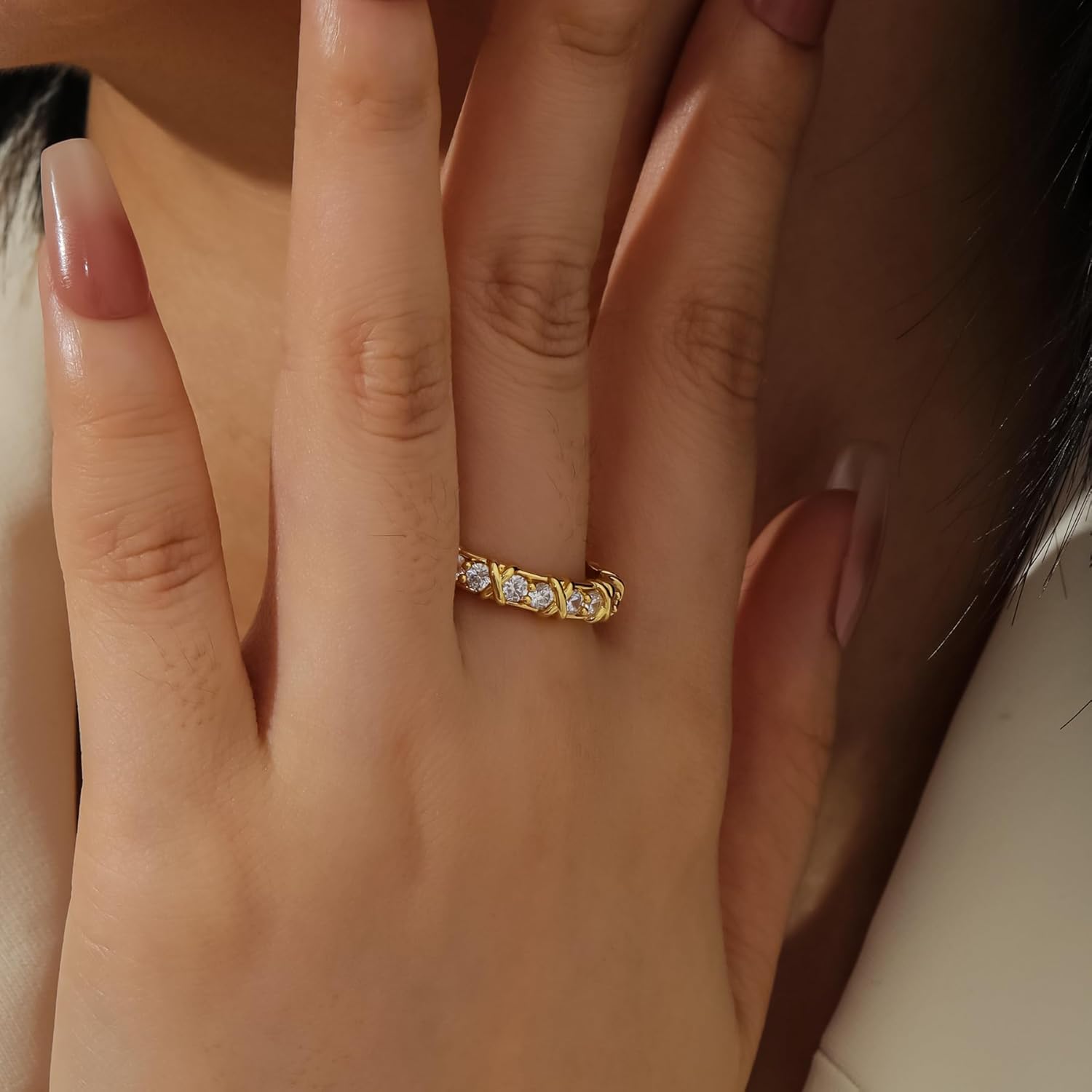 Qitian Gold CZ Wedding Band Rings for Women, Cubic Zirconia Stackable Ring Set, Simulated Diamond 14K Engagement Ring, Thin Stacking Band, Gift for Her - Image 2