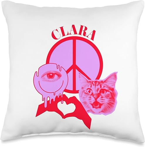 Personalized Clara First Name I Love Retro Cat Mom Throw Pillow, 16x16, Multicolor
