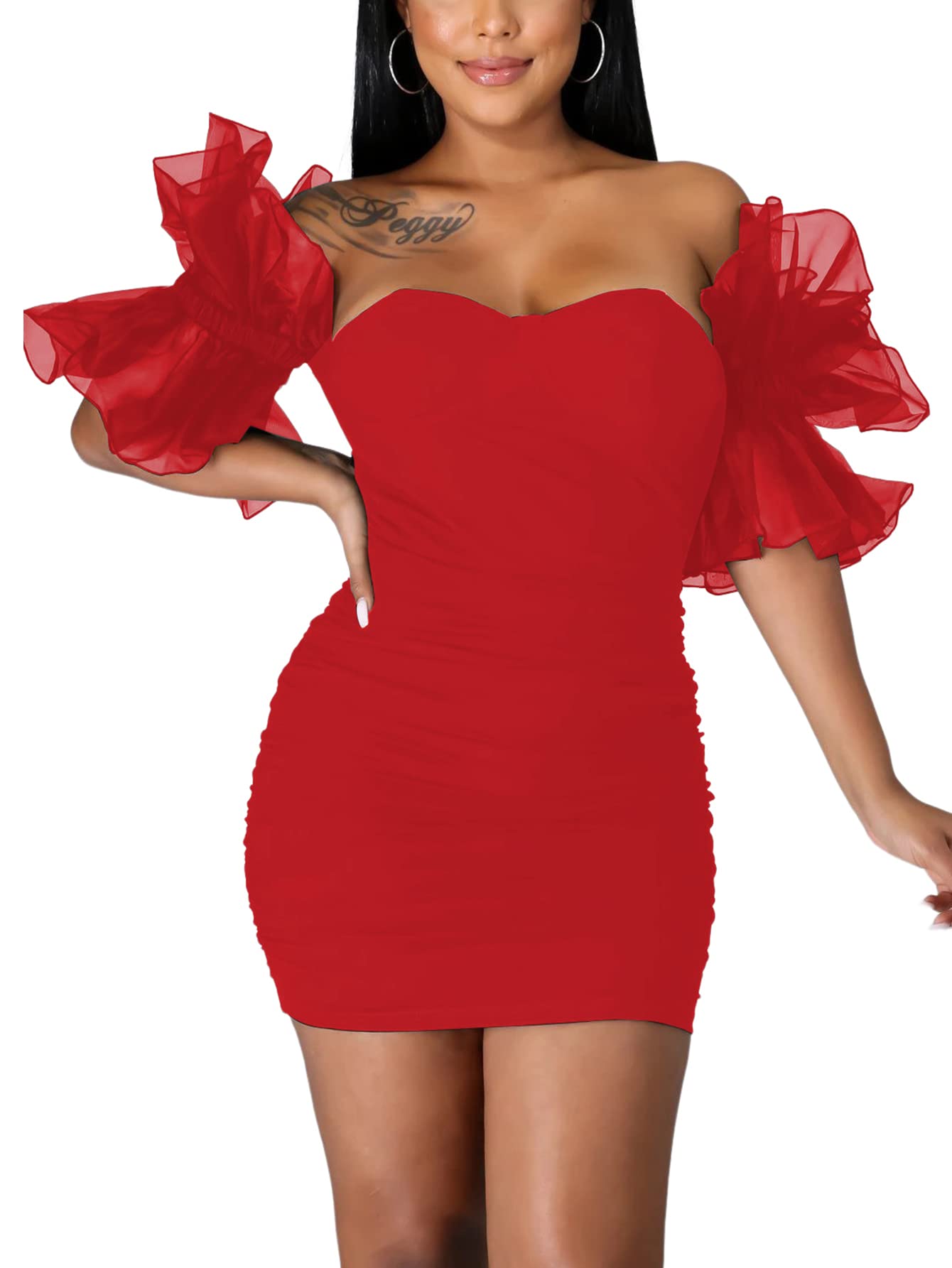 LYANERWomen’s Off Shoulder Ruffle Sleeve Stretchy Party Club Bodycon Mini Dress