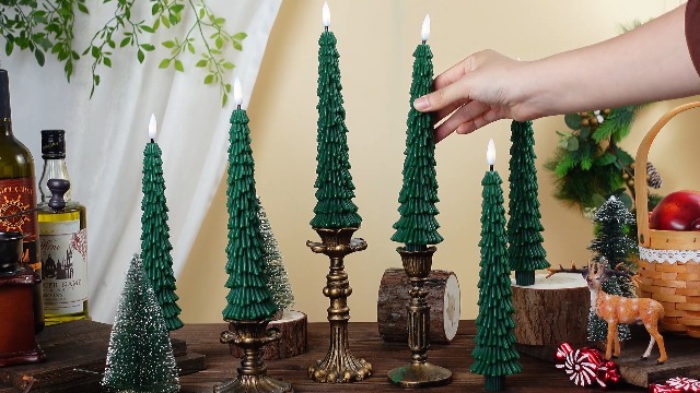 Image of Funtery 6 Pcs LED Christmas Tree Flameless Taper Candles Real Wax Battery Operated Candlestick Lights with 3D Flame and Remote Timer Window Fireplace(Green,Classic Christmas Tree)