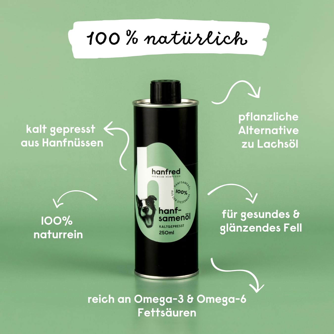 Hanfsamenöl, Kaltgepresst, natürliche Futterergänzung, Omega 3, Omega 6 Fettsäuren für Hunde, Vegan, Österreichisches Qualitätsprodukt (4 x 250ml)